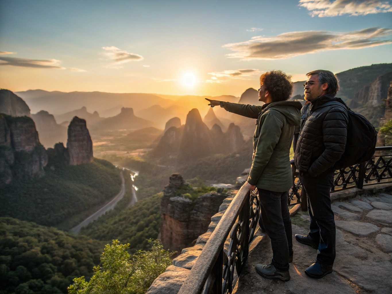 Travelers reflecting on their journey at sunset