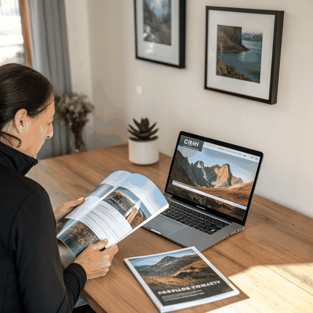 A professional travel consultant reviewing maps in a modern office in Cusco