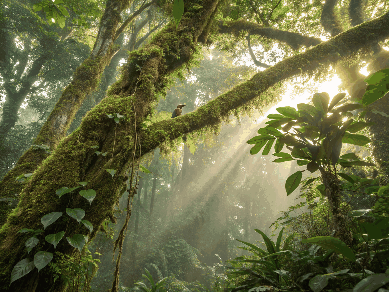 Lush green canopy of the Amazon rainforest at sunrise