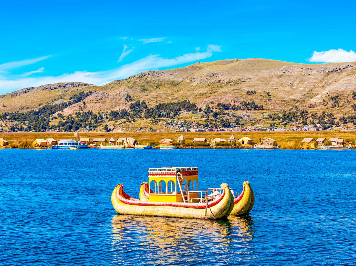 Traditional reed boats on the blue waters of Lake Titicaca