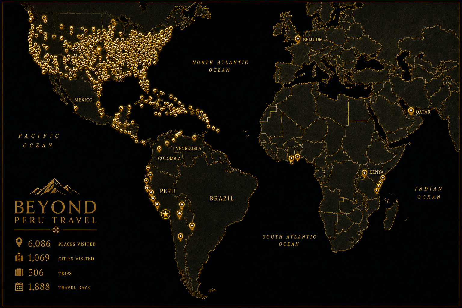 Beyond Peru Travel world map showing 6,086 places visited, 1,069 cities visited, 506 trips, and 1,888 travel days