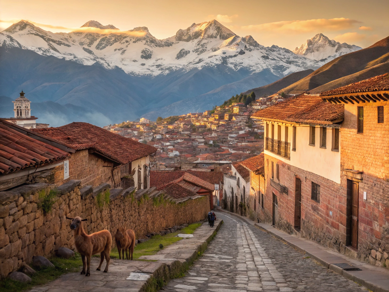 Panoramic morning view over the Andean hills and rooftops of Cusco