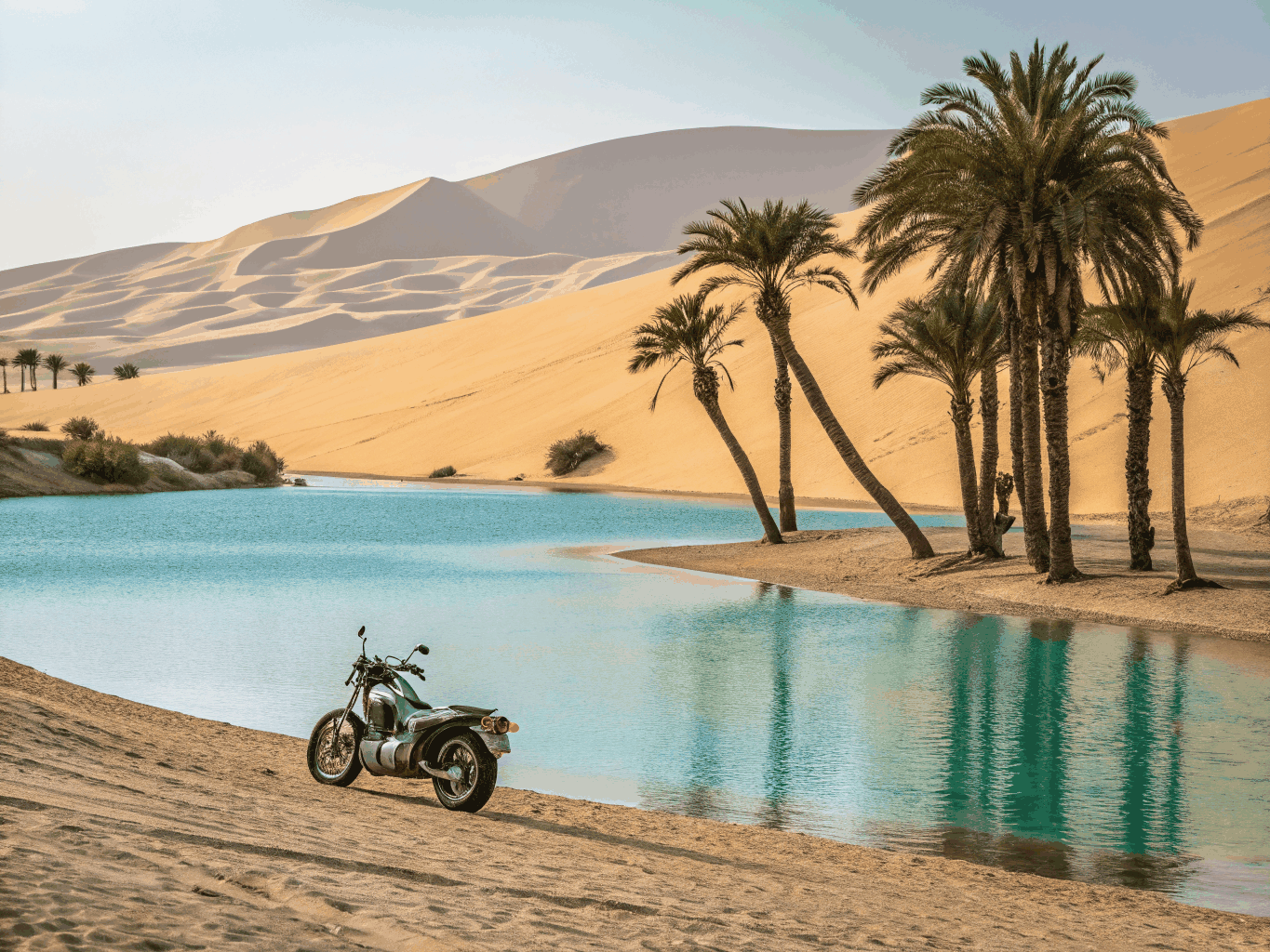Lagoon and palm trees at Huacachina desert oasis